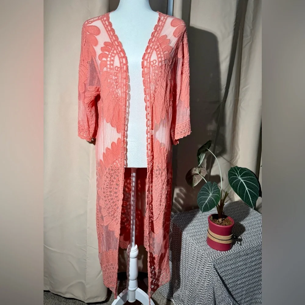 Rebellion Again Coral Pink Sheer Lace Maxi Duster Cardigan - Medium - NWT - Picture 1 of 11